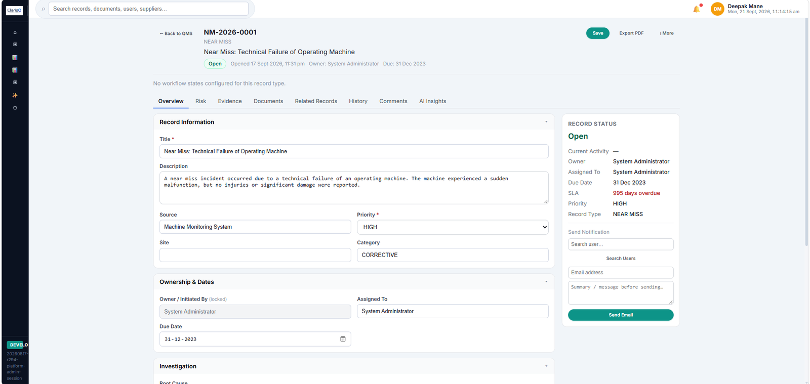ElarisQ CAPA-2026-1042 workspace with overview, linked documents and e-signature panel