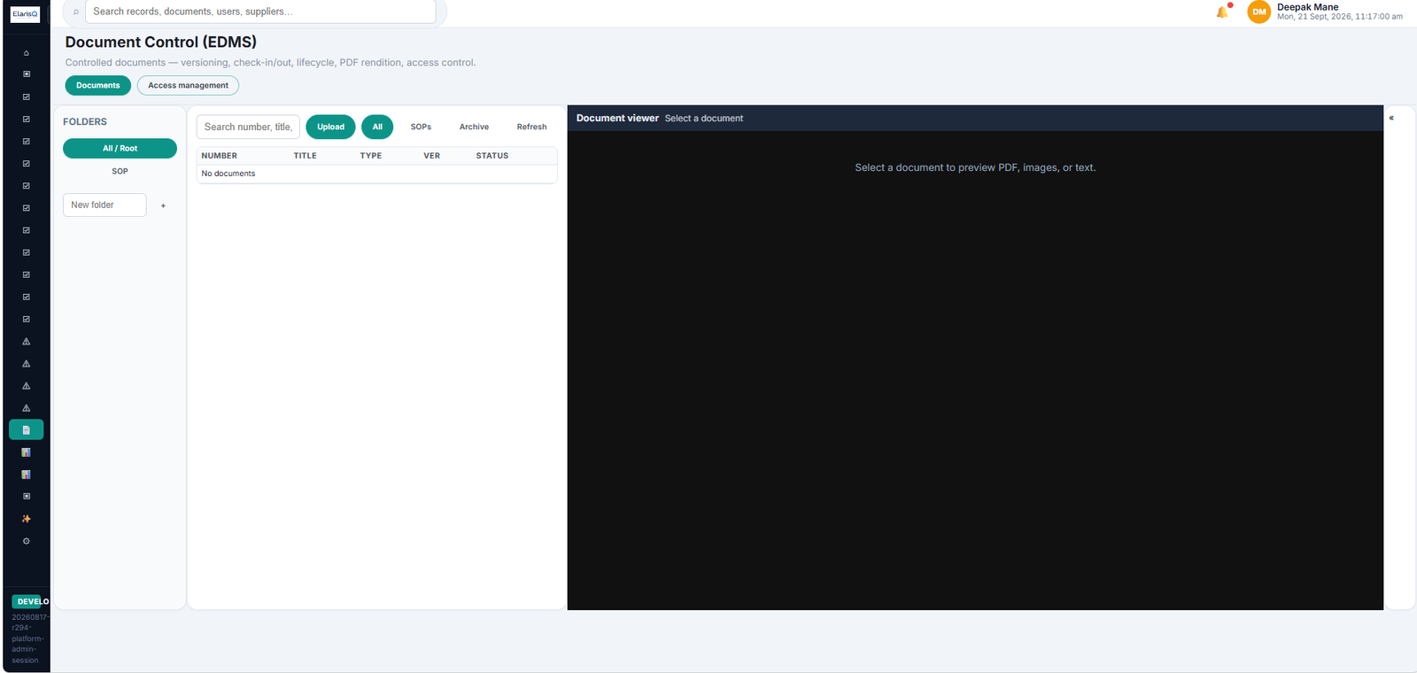 ElarisQ document control showing approved Cleaning Validation SOP and traceability